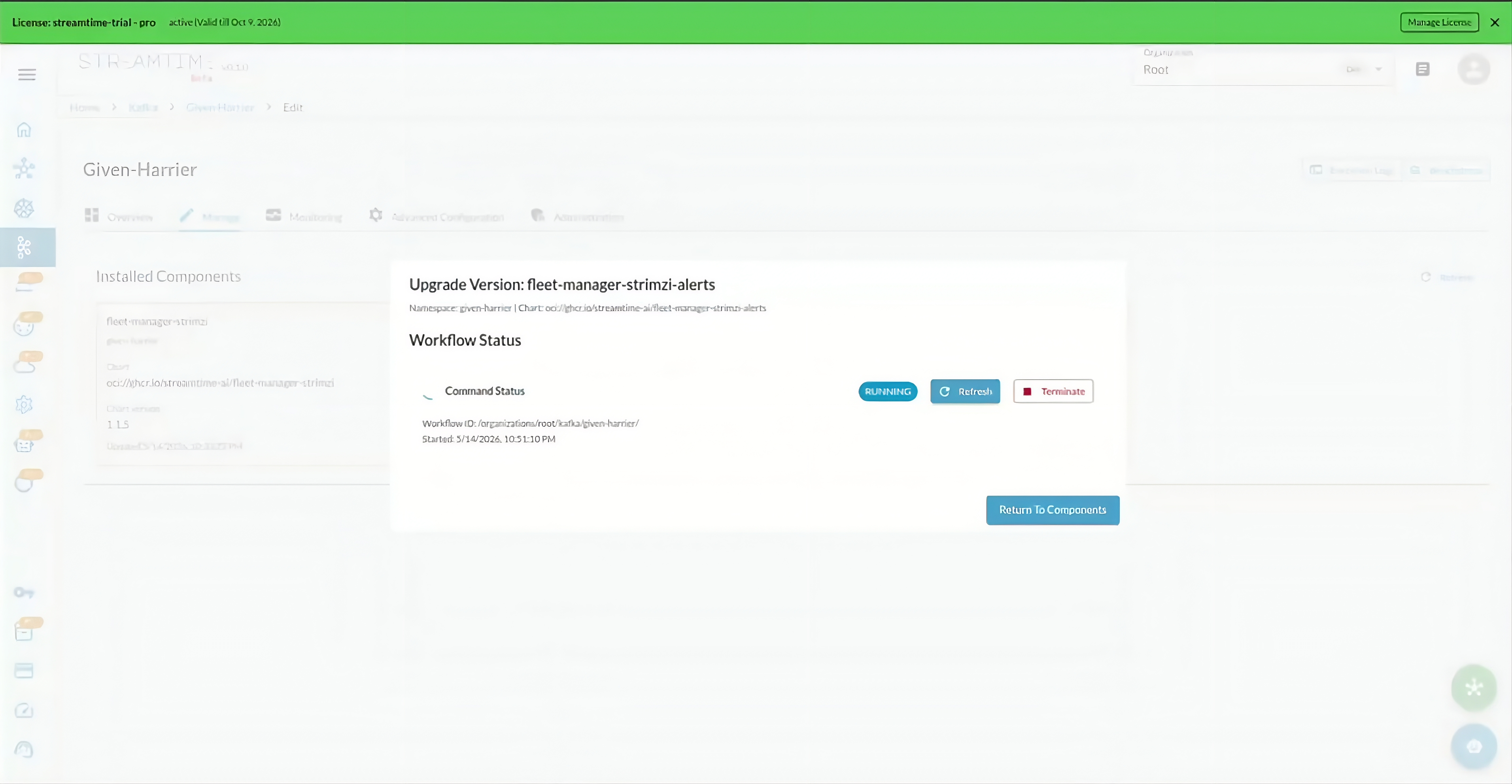 Streamtime upgrade operations screen